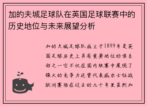 加的夫城足球队在英国足球联赛中的历史地位与未来展望分析 加的夫城足球队在英国足球联赛中的历史地位与未来展望分析